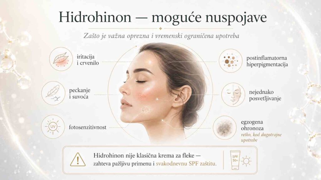 Ilustracija mogućih nuspojava hidrohinona kod tretiranja fleka na licu i hiperpigmentacija