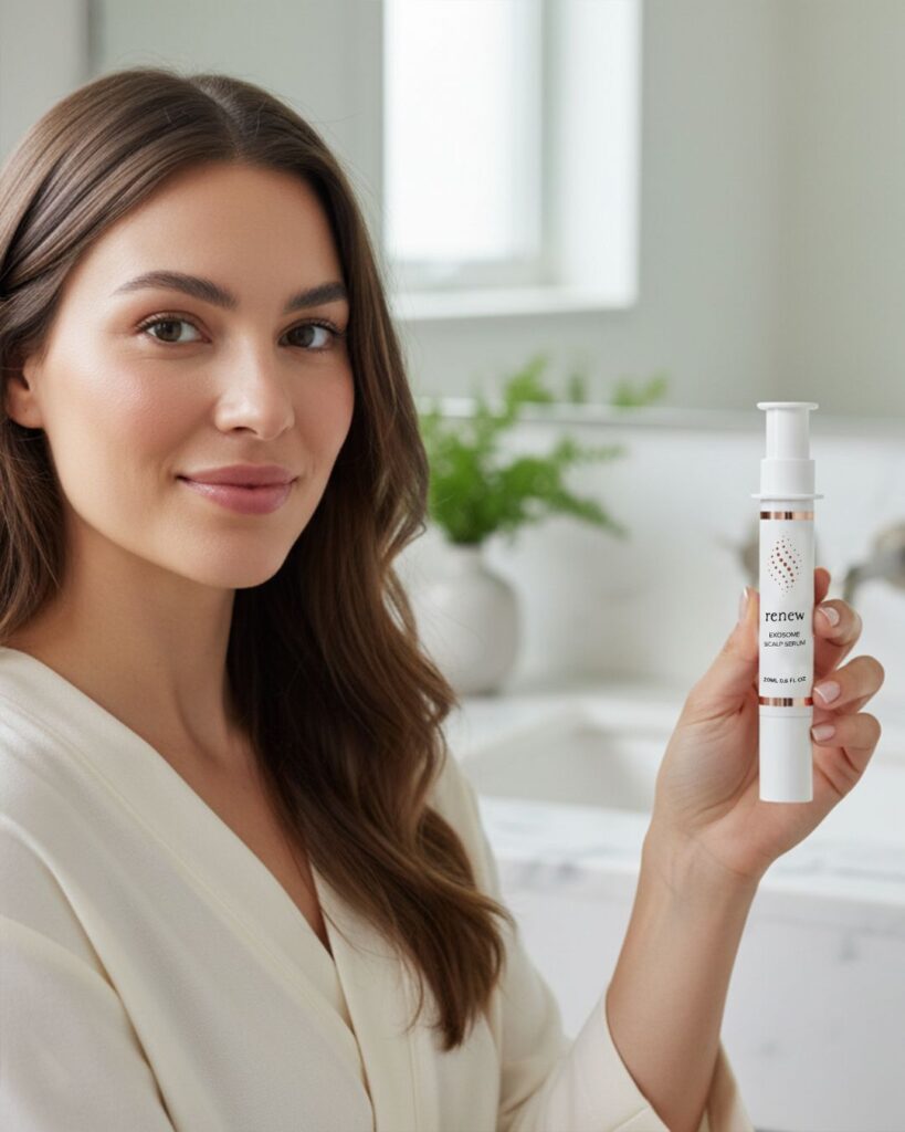 Žena drži Elevai Renew serum za vlasište u svetlom kupatilu, deo svakodnevne nege kose